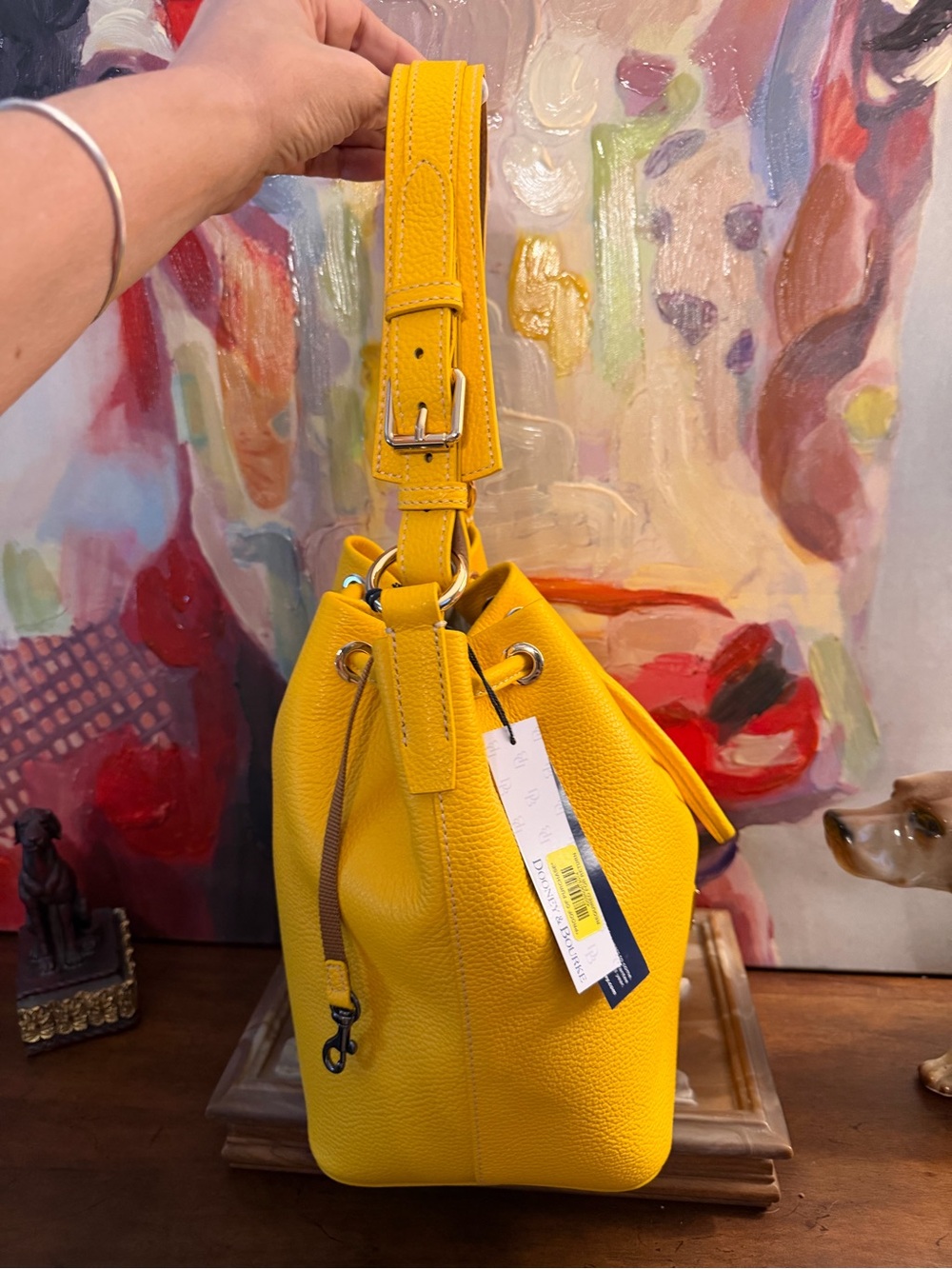 NWT Dooney & Bourne Yellow Leather Drawstring Bucket/Hobo Bag - Picture 4 of 7